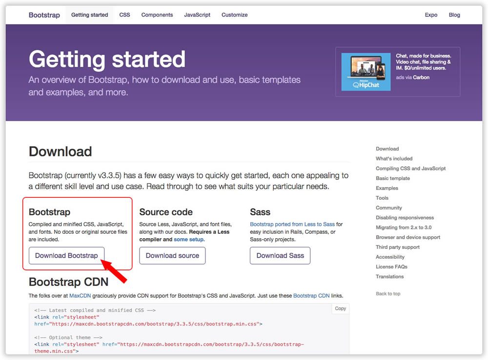 Seta apontando para o botão de download do Bootstrap