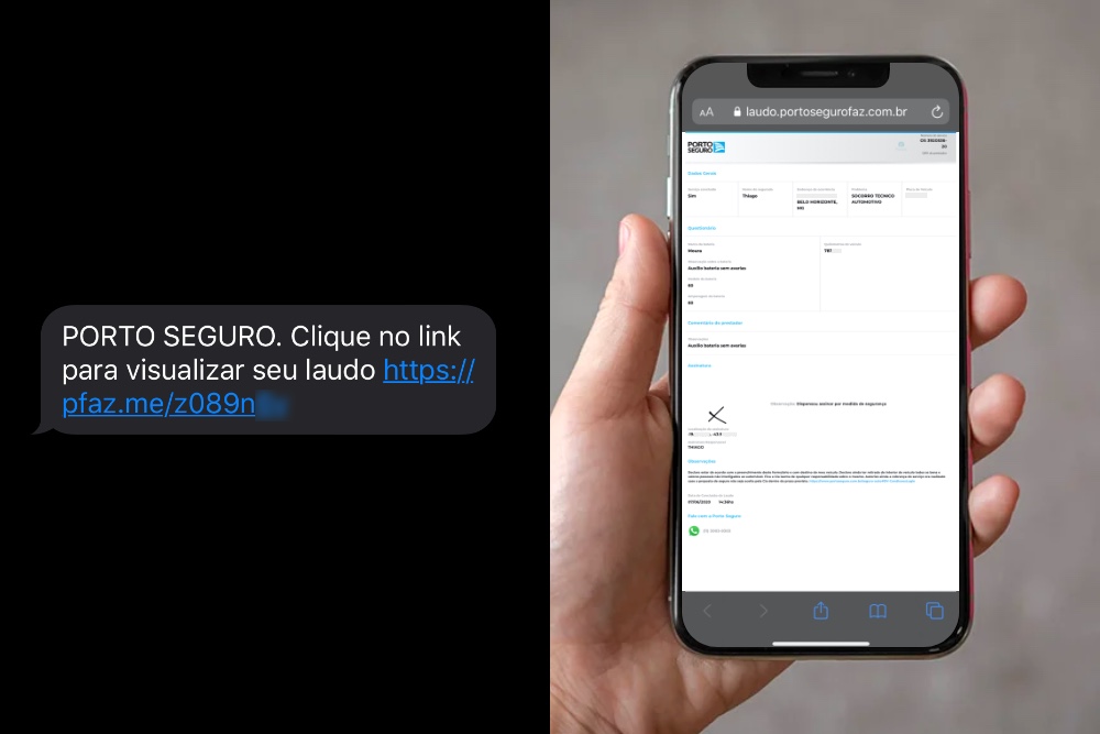 Figura dividida ao meio, sendo a primeira metade mostrando o SMS e a segunda uma mão segurando o celular com o laudo da assistência aberta