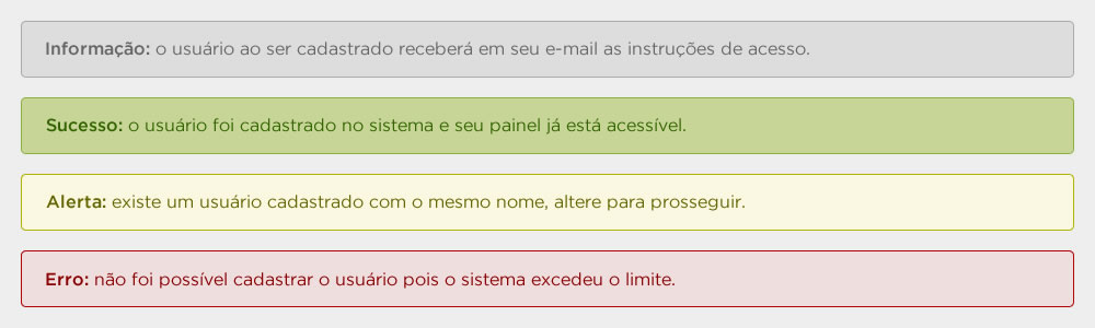 Exemplos de mensagens de alerta, sucesso, erro e informação.