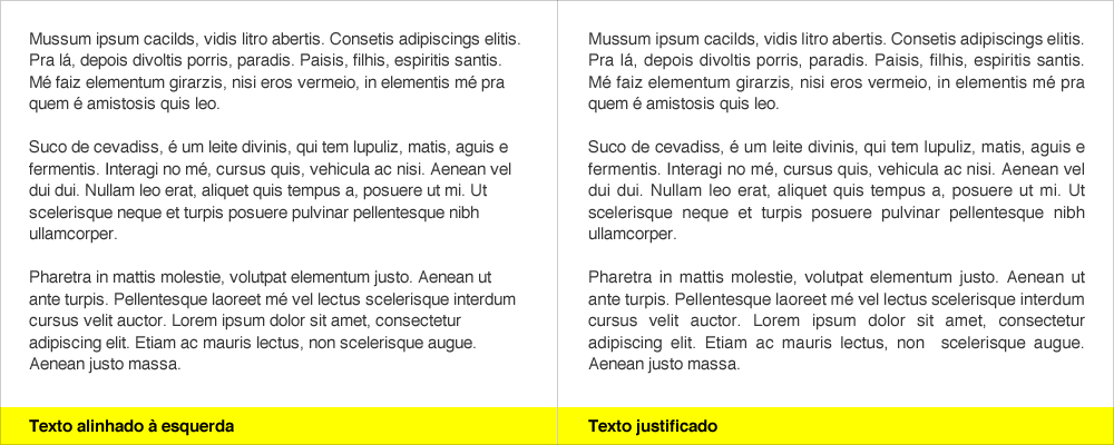 Imagem comparando texto alinhado à esquerda e justificado.