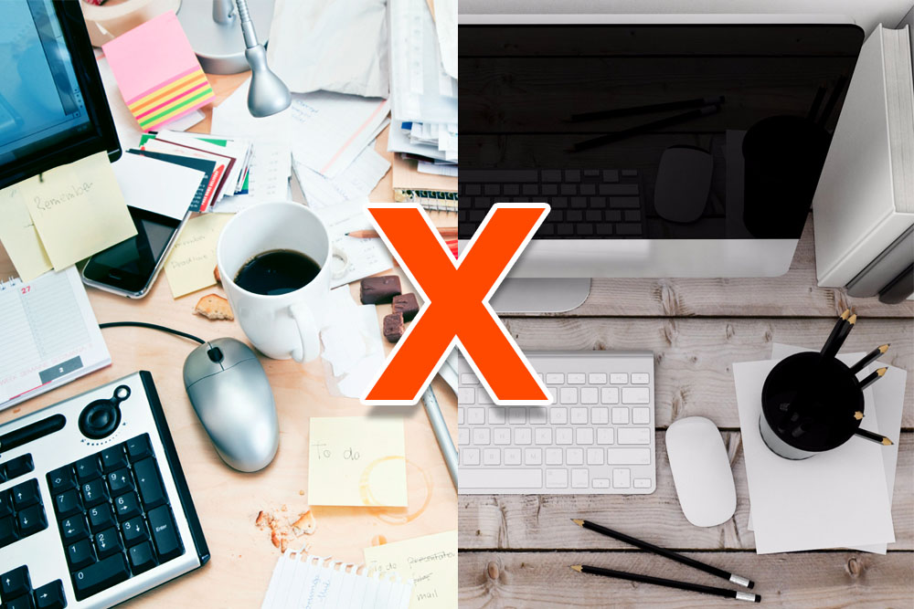 Mesa bagunçada ao lado de uma mesa minimalista e organizada.