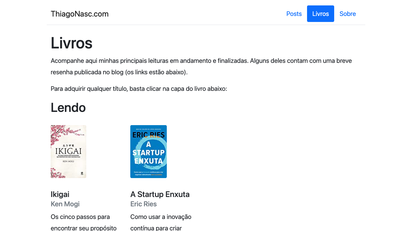 Printscreen mostrando o layout novo do site com o tema em Bootstrap: menu no topo em fundo branco e conteúdo da página de livros mostrando-os de forma mais organizada, um ao lado do outro